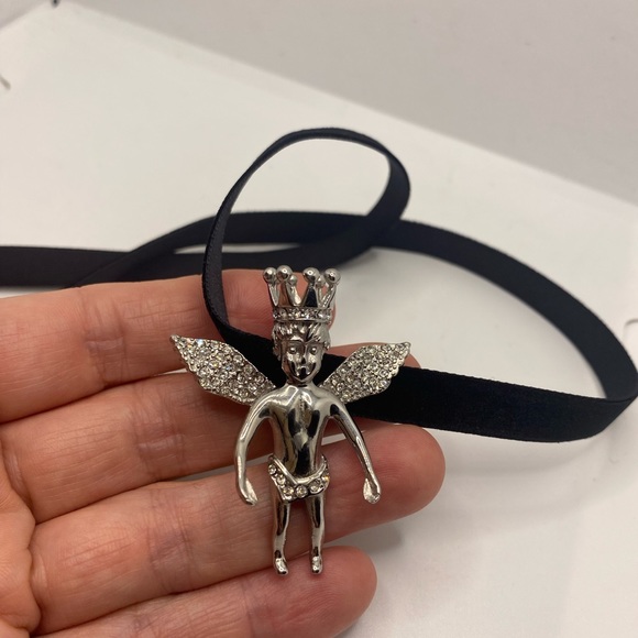 Vintage Guardian Angel Cherub Velvet Choker Necklace - Picture 5 of 6